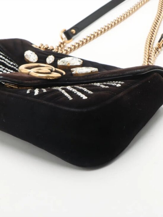 Gucci GG Marmont Crystals Velour x Bijou Chain Shoulder Bag Black - Picture 3 of 14